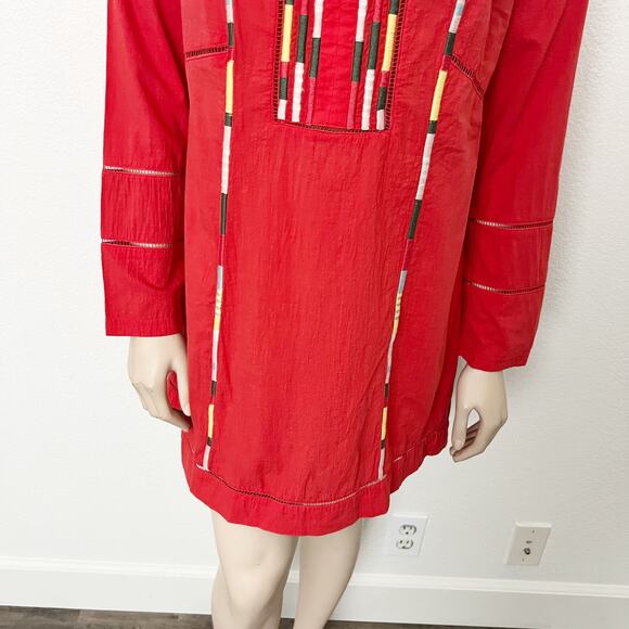 [Prana] Red Embroidered Lahela Coverup Tunic Mini Dress Long Sleeves Sz Medium M - Picture 8 of 13